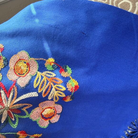 Embroidered Floral Royal Blue Shawl Wrap with Fringe Vibrant Boho Festival - Picture 9 of 9